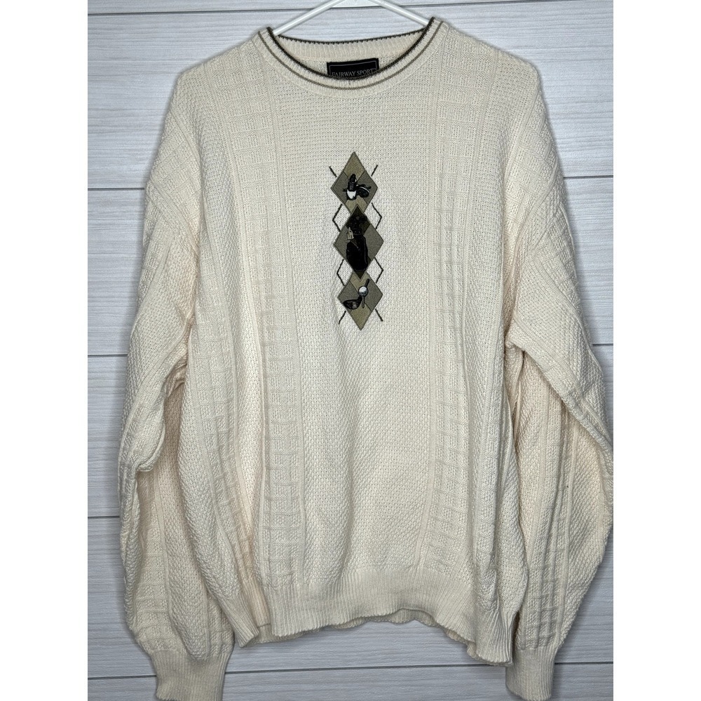 Fairway Sport Men Large Vintage Cream Cotton Cable Knit Golf Embroidered Sweater